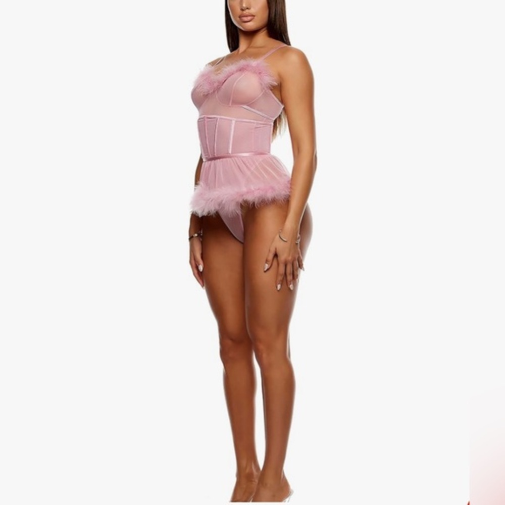 Forplay Women's Bare It All Mesh Marabou Teddy Lingerie Set size L dr16 NWT
